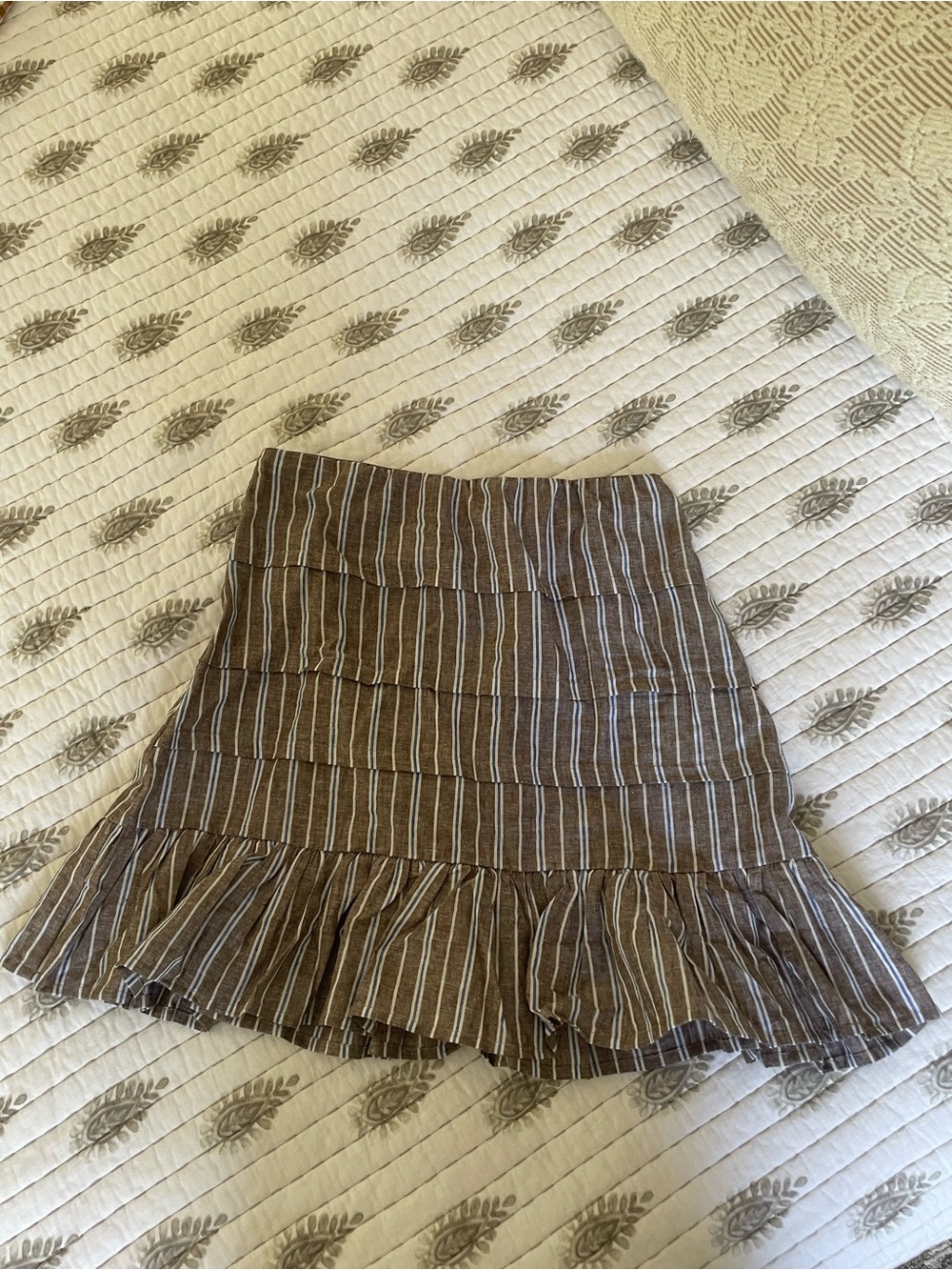 Tuckernuck Brown and White Striped Ruffle-Hem Mini Skirt